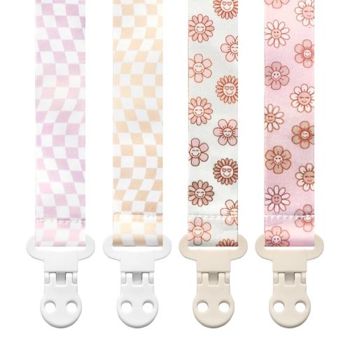Baby Pacifier Clip Holder – Retro Checker Smiley Flowers Floral Pink Beige Yellow
