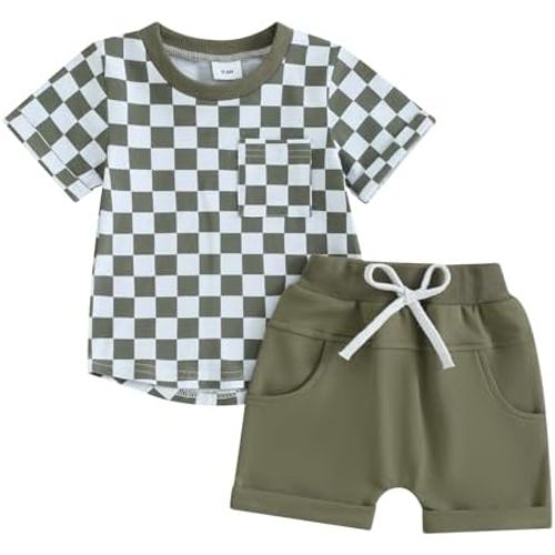 Toddler Baby Boy Girl Summer Clothes Checkerboard Print Short Sleeve T-Shirt Tee Tops Rolled Shorts Infant Outfits