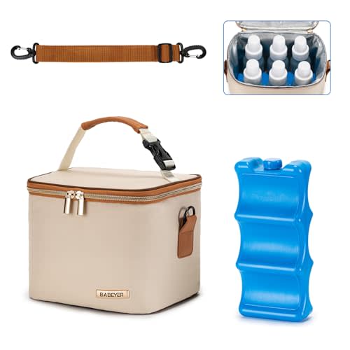BABEYER Breastmilk Cooler Bag with Ice Pack Fits 6 Baby Bottles Up to 5 Ounce, Baby Bottle Bag with Shoulder Strap for Nursing Mom Daycare, Cream