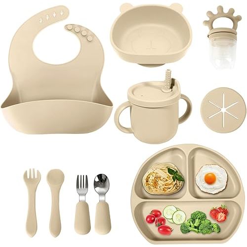 Silicone Baby Feeding Set | Baby Led Weaning Supplies | Toddler Self Feeding Dish Set with Suction Bowl, Divided Plate,Sippy Cup Spoons Forks Teether and Adjustable Bib, Eating Utensils for 6+Months