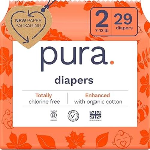 Pura Size 2 Eco-Friendly Diapers (7-13 lbs) TCF, Hypoallergenic, Soft Organic Cotton Comfort, Sustainable, Wetness Indictor. Allergy UK, Paper Packaging. 1 Pack of 29