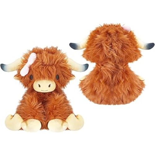 Pink Bow Highland Cow Stuffed Animal with Cute Bow Plush Fluffy Farm Highland Cow Toy Christmas Plushes Gifts for Kids Baby Girls Boys