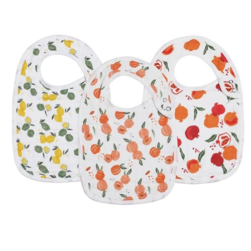 Snap Muslin Bibs for Girls, 3-Pack Baby Bibs for Infants, Newborns and Toddlers, 100% Cotton Muslin Absorbent & Soft Layers, Adjustable Snaps,"Lemon,Peach,Pomegranate"