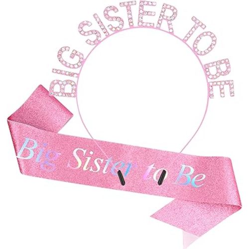 Chanaco Big Sister Gifts for Girls Pink Metal Rhinestone Crown Headband Glitter Satin Sash Big Sister to Be Accessory Set Announcement Party Decorations Cute Sibling Hairband Gift (Pink)