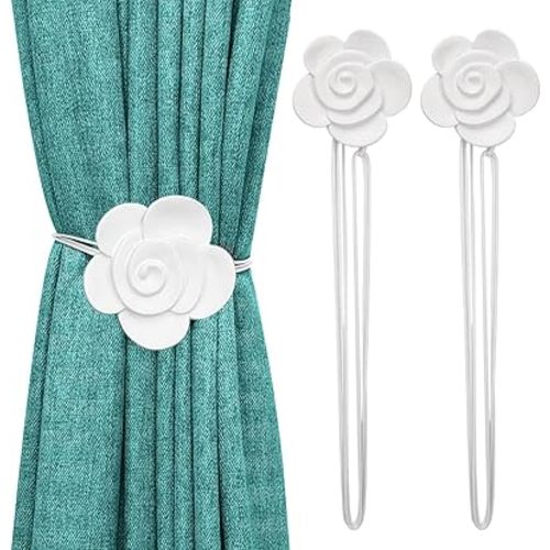 Magnetic Curtain Tiebacks, Vintage Curtain Holdback, Resin Flower Curtain Ties with Rope Drapery Retro Window Curtain Decorative Buckle Holder for Outdoor, Home Office, and Cafe Balcony, White