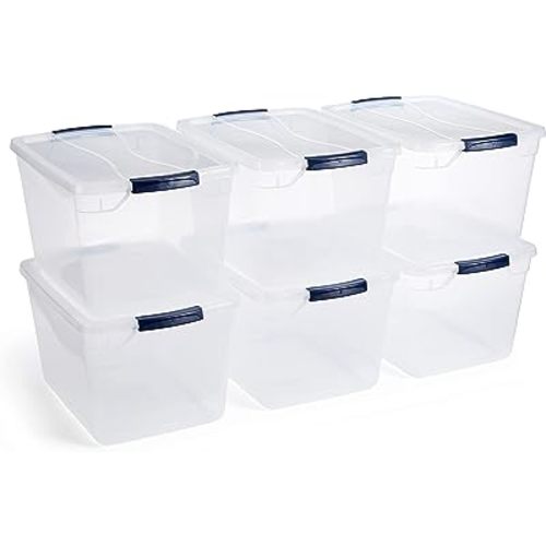 Rubbermaid Cleverstore Clear 30 Qt, 6 Pack Stackable Plastic Storage Containers with Durable Latching Clear Lids, Visible Storage, Great for Closet and Laundry Storage, Organizing in the Home