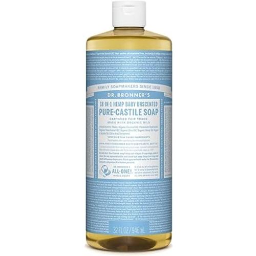 Dr. Bronner's - Pure-Castile Liquid Soap (Baby Unscented, 32 ounce, 2-Pack) - Made with Organic Oils, 18-in-1 Uses: Face, Hair, Laundry and Dishes, For Sensitive Skin and Babies, No Added Fragrance