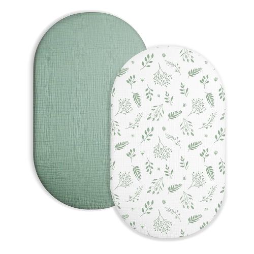 Bassinet Sheet for Baby Boy and Girl 2 Pack, Fitted Sheets for Rectangle, Oval, Hourglass Bassinet Mattress, Muslin Moses Basket Sheets with Neutral Style(Fern - Leaf & Sage)