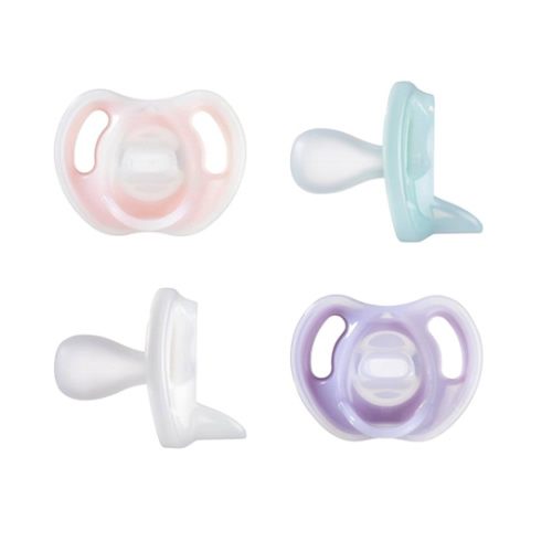 Tommee Tippee Ultra-Light Silicone Pacifier, 0-6 Months, Symmetrical One-Piece Design, BPA-Free Silicone Binkies, Pink/Purple/Green, Pack of 4