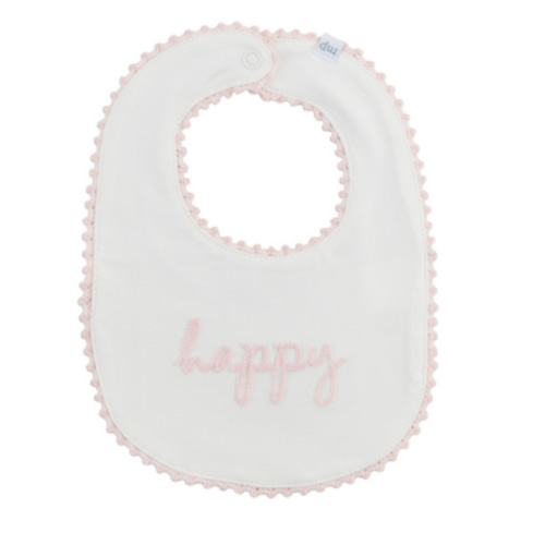 Happy Embroidered Pink Bib with Snap Closure | Mud Pie