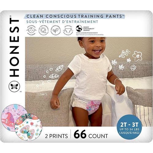 The Honest Company Clean Conscious Training Pants for Sensitive Skin | Hypoallergenic, Fragrance Free | Magical Moments + Butterfly Kisses | Size 2T/3T (up to 34 lbs), 66 Count