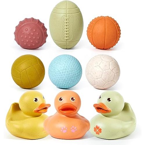 No Hole Bath Toys, Montessori Toys for Babies 6 Months+, 9PCS Sport Balls and Safety Bath Ducky Toy Set, Sensory Balls for Toddlers 1-3 - Ball&Duck 9PCS