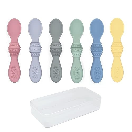 Elk and Friends Silicone Baby Spoons | Travel Case Included | First Stage Infant Toddler Spoon | Baby Led Weaning Stage | Dishwasher Safe