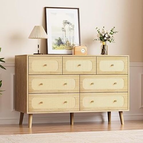 Rattan Dresser for Bedroom 7 Drawer, Natural Rattan Boho Dresser for Bedroom, Storage Organizer for Closet for Bedroom