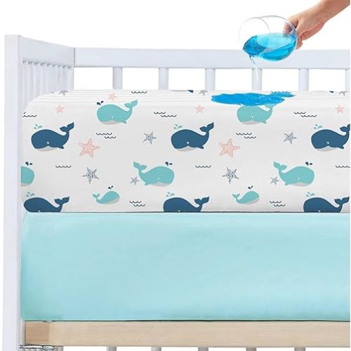 Plushii Waterproof Crib Sheets for Boys 2 Pack, 28"x 52" Extra Soft Microfiber Waterproof Crib Mattress Protector for Standard Crib & Toddler Mattress Pad Whale