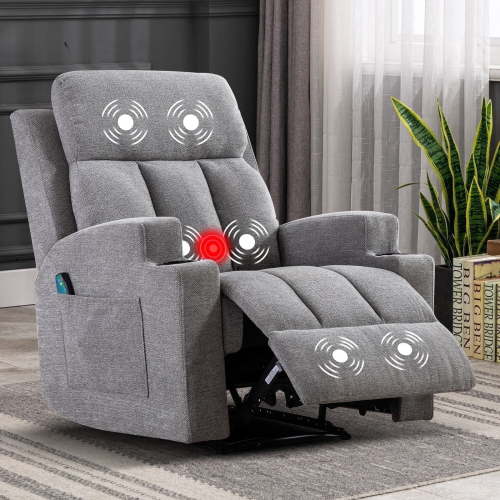 Bonzy Home Heated Massage Recliner Chair, Manual Recliner with Cup Holder, Breathable Fabric, Light Gray