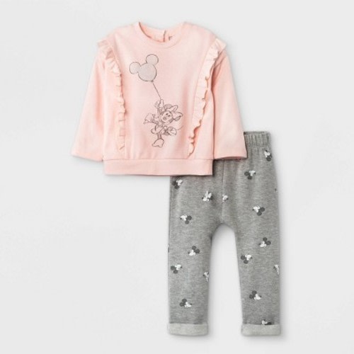 Baby Girls' 2pc Minnie Mouse Fleece Pullover and Jogger Set - Light Pink 6-9M