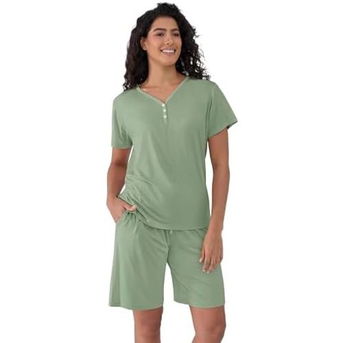 Joyaria Cooling Pajamas Bamboo Viscose PJs Bermuda Shorts Set Women Henley Neck Summer Moisture Wicking Sleepwear