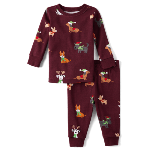 Baby And Toddler Matching Family Holiday Dog Snug Fit Cotton Pajamas - Burgundy