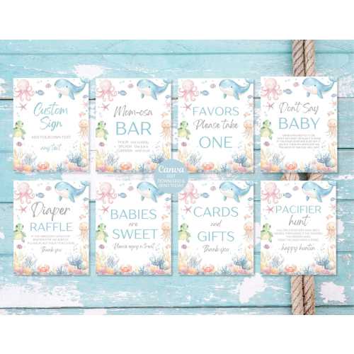 Editable Under The Sea Baby Shower Sign Bundle, Neutral Nautical Baby Shower Decorations, Table Signs 8x10. Canva