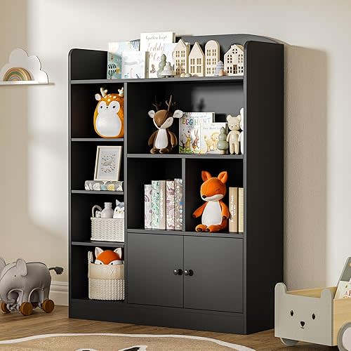 Black Kids Bookshelf, Kids Bookcase with 7 Cubbies and 2 Cabinets, Freestanding Book Storage Shelves for Bedroom, Playroom, Hallway