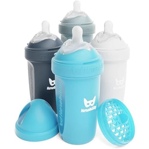Herobility Double Anti-Colic Baby Bottles – 8.5 fl oz/240ml – 4-Pack – Multicolor - White, Gray, Iron Blue, Blue