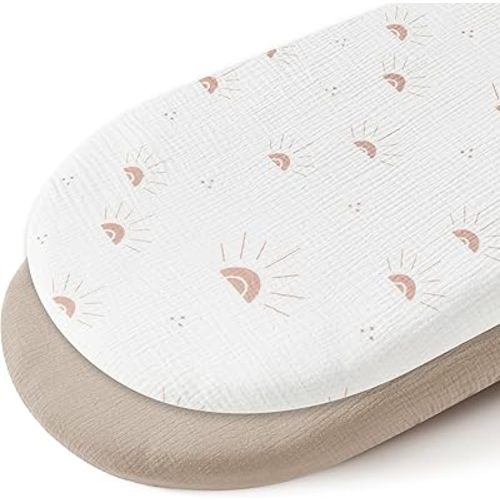 JELLYMONI 2-Pack Muslin Bassinet Sheets for Girls Boys, 100% Cotton Bassinet Mattress Sheets Soft Breathable Universal Fit for Baby Bassinets, Moses Basket, Hourglass Oval and Rectangle Mattress