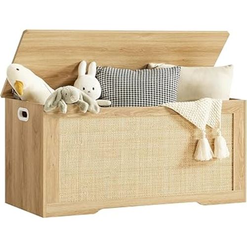 usikey 39.4” Storage Chest, Toy Box with 2 Safety Hinges, Rattan Storage Bench with Storage, Toy Chest for Bedroom, Shoe Bench, Supports 220 lb, for Living Room, Entryway, Natural