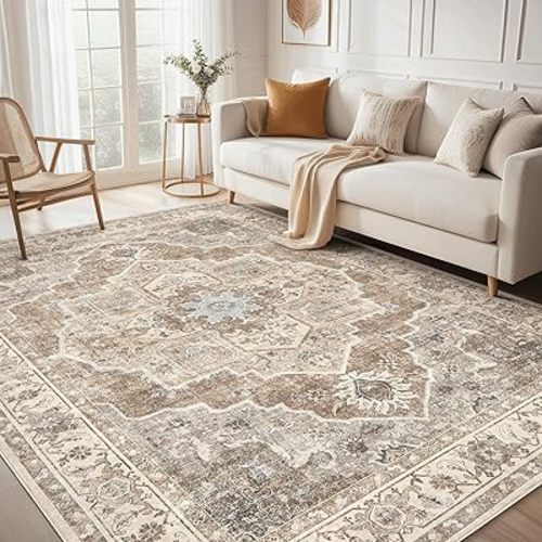 Area Rug for Living Room: 8x10 Washable Vintage Neutral Soft Non Slip Thin Large Floor Carpet for Bedroom Kitchen Dining Room Home Office Farmhouse Indoor - Brown