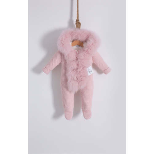 MI LOVES SIGNATURE Pink Knitted Pramsuit with Luxurious Fox fur trim.