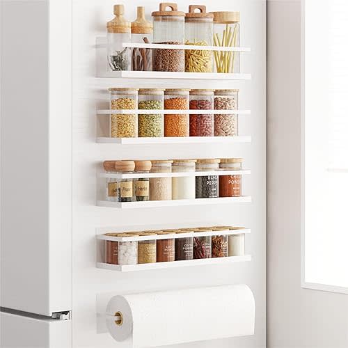 Spice Rack Refrigerator Magnetic Shelves With Magnetic Paper Towel Holder 4 Pack White