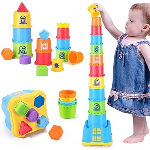 iPlay, iLearn Baby Stacking Toys, Toddler Nesting Stack Cups, Infant Stackable Block, Kids Sorting Game W/Shape Sorter for Sand Bath, Birthday Gift for 12 18 24 Month 1 2 3 Year Old Boys Girls