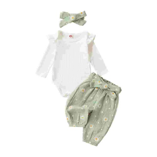 Qtinghua Newborn Baby Girls Fall Clothes Long Sleeve Ruffle Romper Daisy Print Belted Pants Headband Set Green 3-6 Months