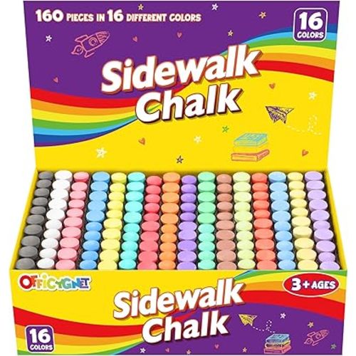 160 PCS Sidewalk Chalk for Kids, Giant Box Non-Toxic Jumbo Washable Chalk Set in 16 Colors, Bulk Chalks for Toddler Outdoor Toys and Game, Art Paint on Chalkboard, Playground, School Class Supplies