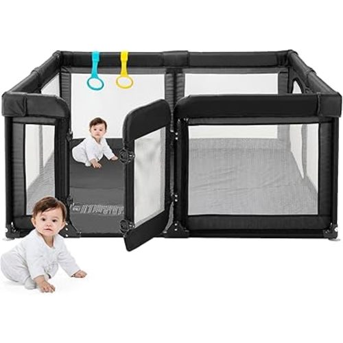 Baby Playpen 79"x71" wth A Door, Baby Playard for Babies and Toddlers, Baby Fence Play Pens for Indoor & Outdoor, Sturdy Safety Play Pen with Soft Breathable Mesh, Anti-Fall, Black