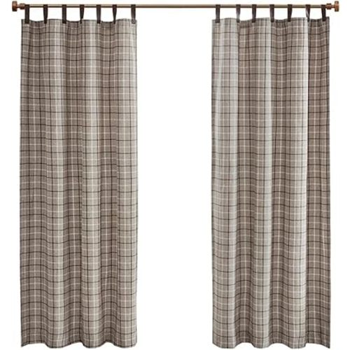 Madison Park Anaheim Cabin Plaid Curtain Window, Thermal Insulated Fleece Lining, Living Room Decor Light Blocking Drape for Bedroom, 1-Single Panel Pack, 50" x 84", Faux Leather Tab, Brown