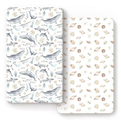 GRSSDER Stretchy Ultra Soft Jersey Knit Fitted Crib Sheets Set 2 Pack, Fit All Standard Crib Mattresses Safe and Snug, Beautiful Marine Organism for Boys and Girls