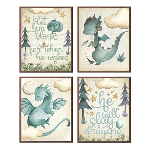 Silly Goose Gifts Let Him Sleep - Dragon Themed Wall Art Prints (Set of 4) Hanging Picture Nursery Kids Room Decor 8x10in