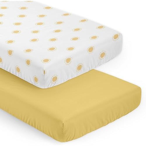 Sweet Jojo Designs 2-Piece Baby Crib Sheets Set (White & Yellow Boho Sun) for Girls or Boys, Infant Nursery, Toddler Room - Fitted, Standard Size (Solid Mustard & Celestial Sky Desert Sunshine Nature)