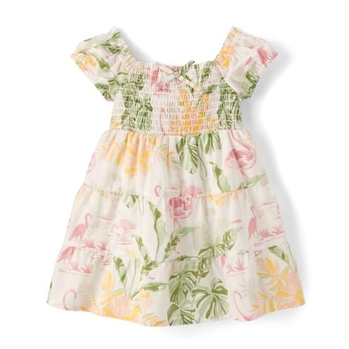 Toddler Girls Matching Family Tropical Smocked Tiered Dress - White