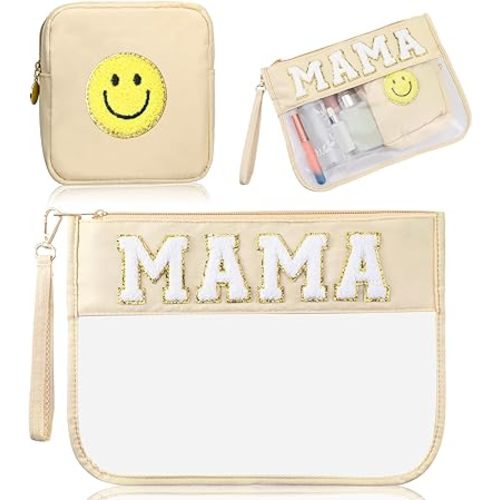 Hillban 2 Pcs Christmas Mama Gifts Mama Bag Set MAMA Chenille Letter Bags Preppy Patch Makeup Bag for Hospital Beach Travel Bags Aesthetic Waterproof Portable Toiletry Storage Bag (Mother Theme)