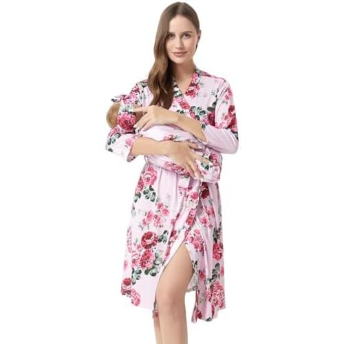 Galabloomer Flower Maternity Robe and Baby Receiving Blanket, Matching Mommy Labor Delivery Robe and Swaddle Set