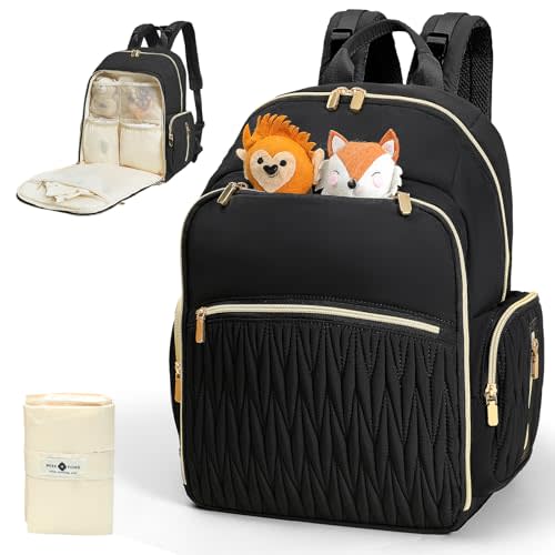 Quilted Black Diaper Bag Backpack with Changing Pad
