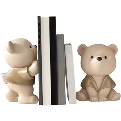 Cute Bookends, 1 Pair Book Ends Decorative, Bear Cute Book Ends Waterproof Resin Bookends with Non-Slip Base for Shelves, Desk Home Office Housewarming Gift, for Kids Books
