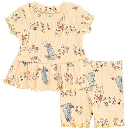 Disney Winnie the Pooh Eeyore Piglet Newborn Baby Girls Peplum T-Shirt and Bike Shorts Outfit Set Yellow 6-9 Months