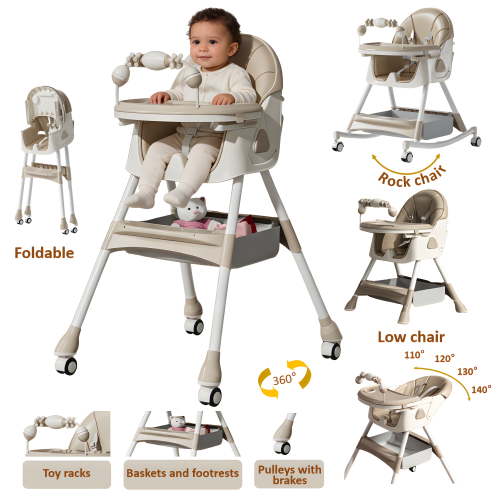 Iris Baby 6-in-1 Baby high chair, Toddler Rocking Chair, Multifunctional Rocker with Silent Swivel Wheels and Removable Double Trays,Toddler, Unisex, Khaki