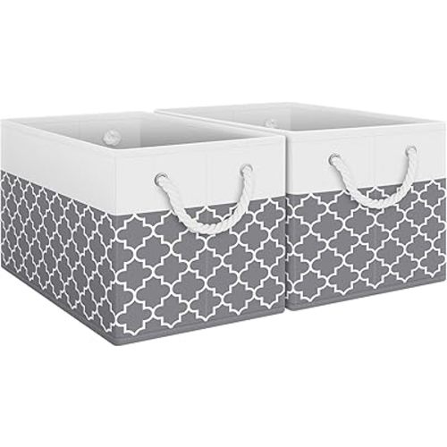 Fab totes Storage Bins [2-Pack], Foldable Storage Baskets for Organizing Toys, Books, Shelves, Closet, Large Storage Box with Rope Handles, Sturdy Organizer Bins,Clover Grey