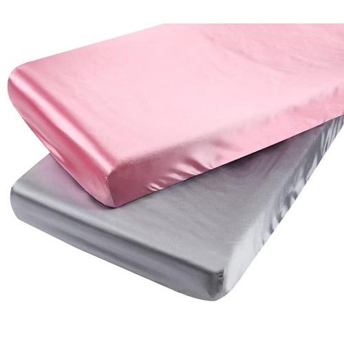 Satin Mini Crib Sheet Set 2 Pack Ultra Soft Silk Fitted Playard Sheet 24x38 Inch Protect for Baby Hair and Skin, Grey & Pink