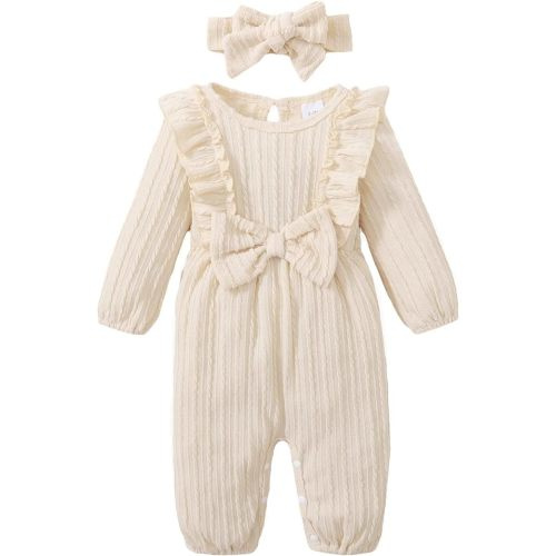 Happy Town Baby Girl Romper Infant Fall Winter Clothes Ruffle Sweater Long Sleeve Bodysuit Jumpsuit and Headband