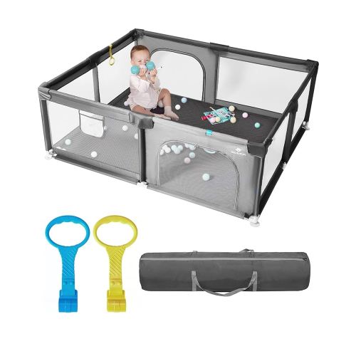 Dearlomum Baby Playpen with Non Removable Mat, Extra Large Play Yard for Babies & Toddlers, Portable Travel Playpen, Baby Activity Center for Indoor & Outdoor Use (Gray 59"×71")
